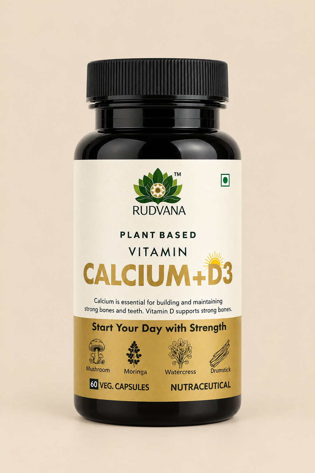 RUDVANA Plant Based Calcium + D3 – 60 Vegetarian Capsules